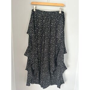 August Silk Polka Dot Ruffle Maxi Skirt Black White Size Medium